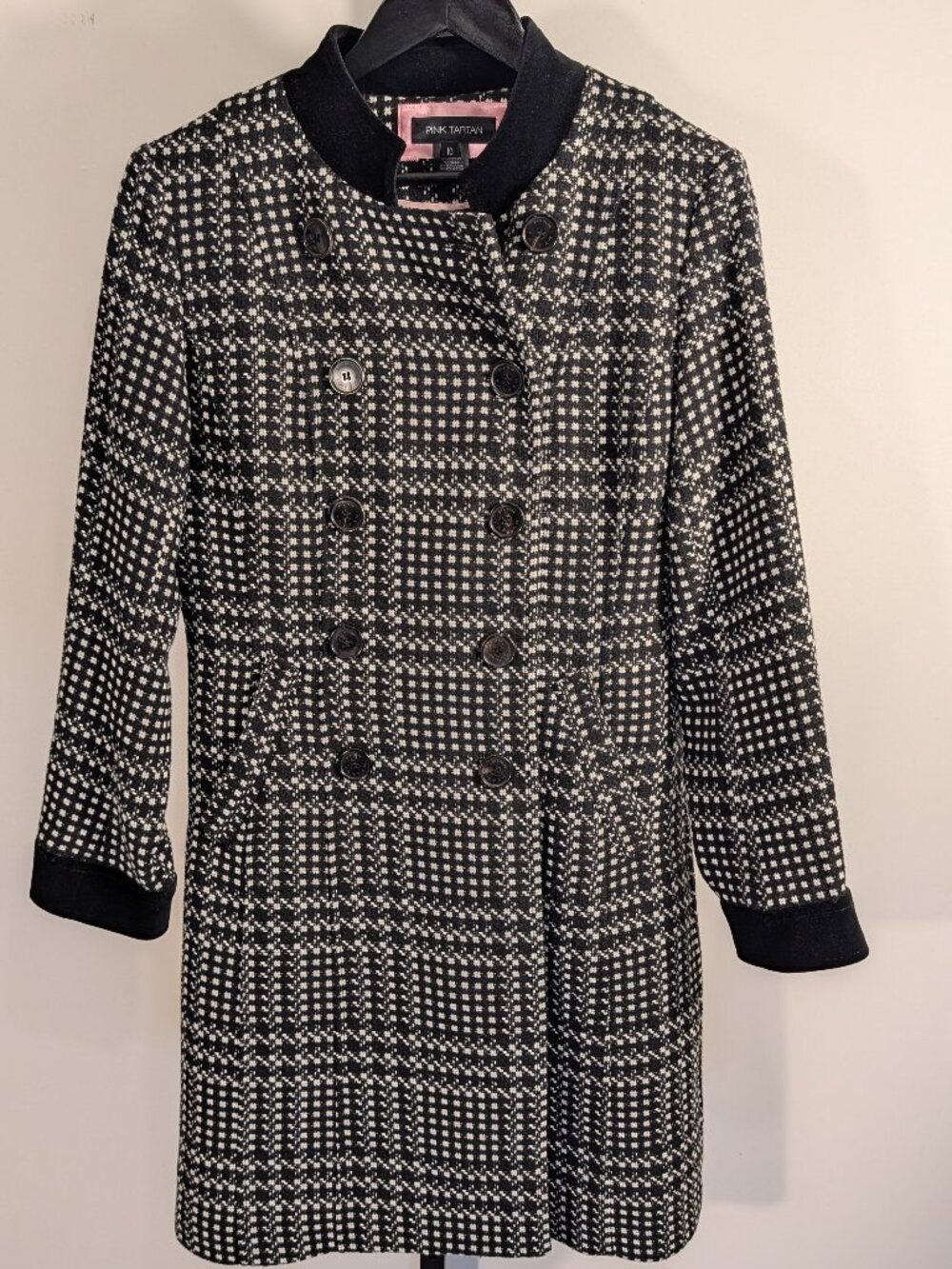 Pink Tartan Glen Check Wool Blend Coat | Velvet Trim | Double Breasted | Sz 10